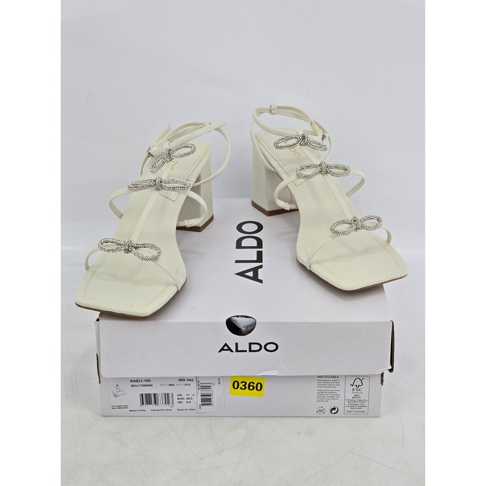 Aldo Kaeli-100 Rhinestone Bow Block Heel Sandals Womens 11 White - NEW